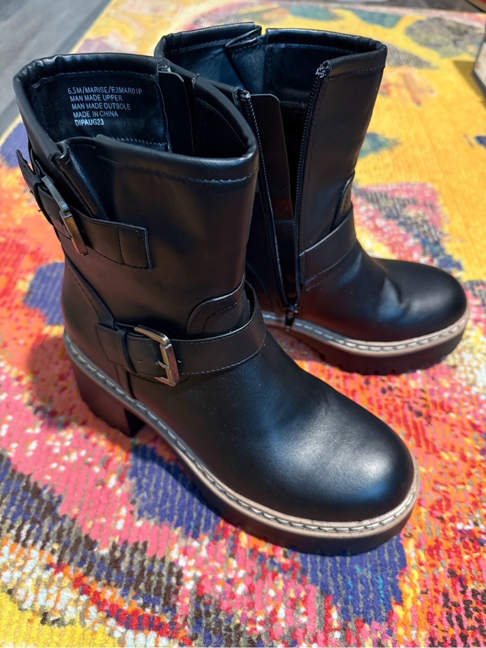 Esprit Black Mid-Calf Buckle Heel Combat Boots